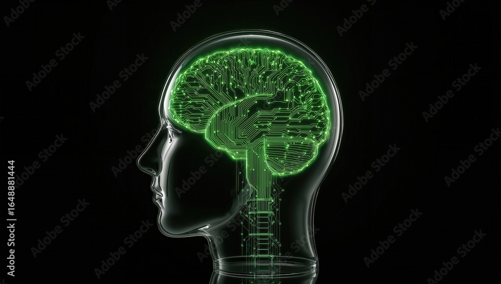 Poster an abstract representation of a human head illuminated with a glowing green brain circuit design aga