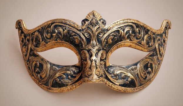 Ornate Venetian mask, gold and black, intricate detail