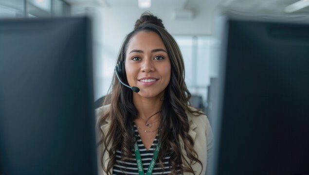 Smiling young woman wearing a headset at a desk with dual computer monitors and a bright, modern office background