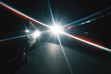 Dark night road, car headlights, bright starburst
