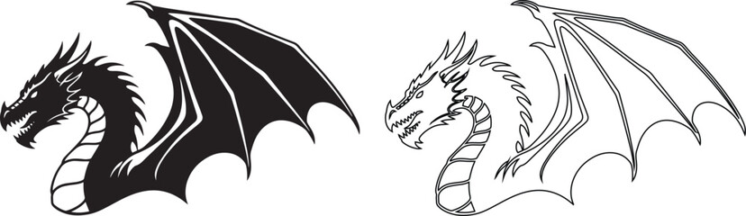 Mythical Dragon Serpent Black and White Vector with Head and Wing Profile