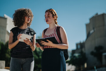 Young students stand in a school courtyard, discussing notes and ideas on a sunny day. Their interaction highlights a collaborative academic atmosphere, fostering learning and a sense of connection.
