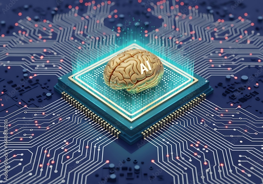 Poster ai brain sitting atop a modern circuit board creating a dynamic technology concept for business use 