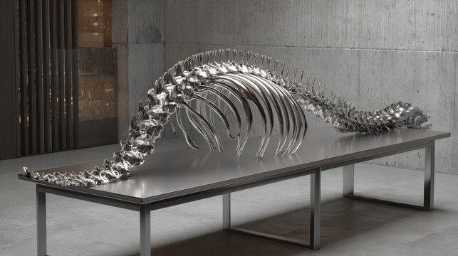 Sleek metal spine sculpture on a table