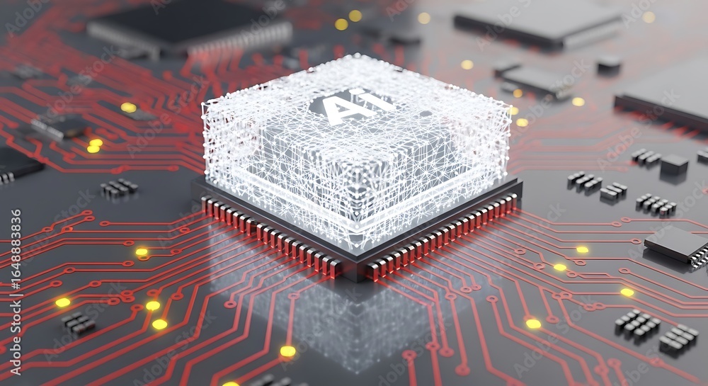 Poster futuristic ai chip with glowing circuit board ready for innovative technology concepts and modern ap