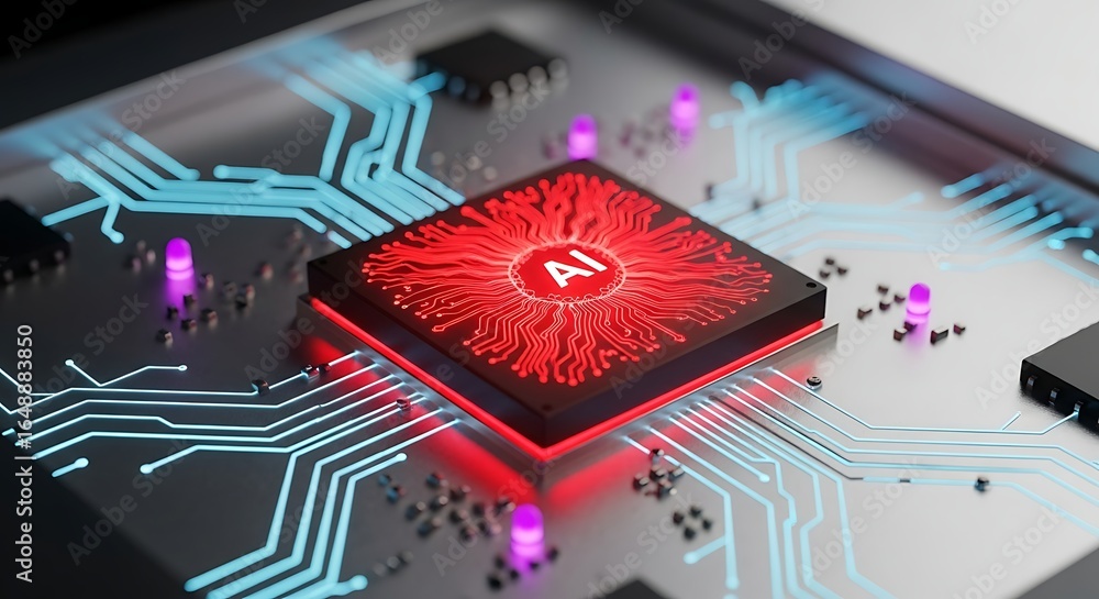 Poster cutting-edge artificial intelligence processor with glowing red ai symbol for futuristic technology 
