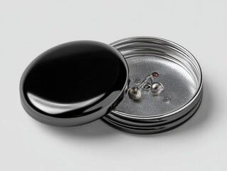 Black metal jewelry box, open.  Small silver earring set inside