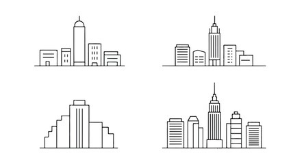 Obraz premium Minimalist city skyline illustrations featuring various architectural styles in clean black outlines offering versatility for urban design projects and creative presentations