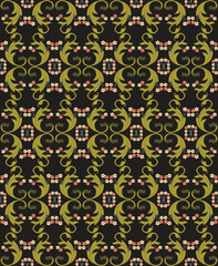 Traditional flowers ornament seamless pattern design. Black backround vector patterns.