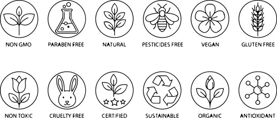 Set of non GMO, paraben free, natural, pesticides free, vegan, gluten free, non toxic, cruelty free, certified, sustainable, organic, antioxidant line art icons