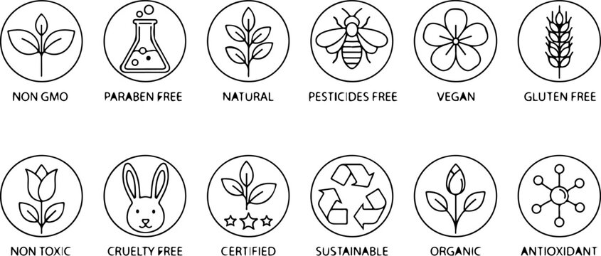 Set of non GMO, paraben free, natural, pesticides free, vegan, gluten free, non toxic, cruelty free, certified, sustainable, organic, antioxidant line art icons