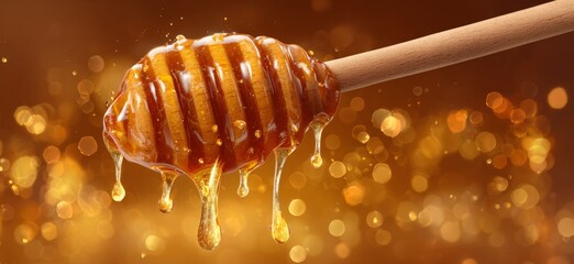 Golden Honey Dripping on Wooden Honey Dipper with Sparkling Background