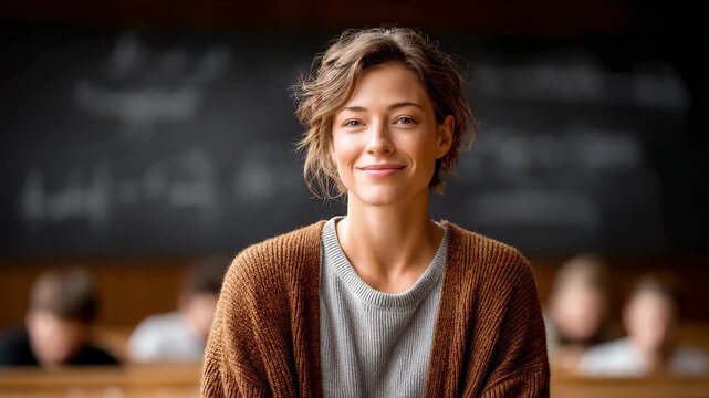 Confident Female Teacher Smiles at Camera in Classroom