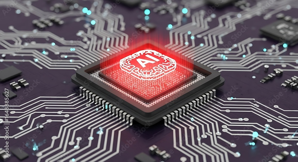 Poster cutting edge ai processor with glowing red light on circuit board for modern technology concept