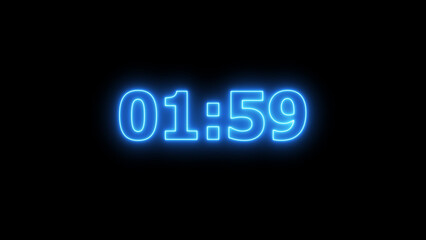 Blue Neon Digital Timer Displaying 01:59 glowing