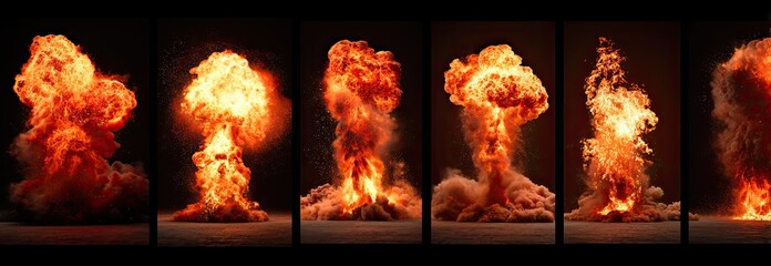 Explosions, fiery bursts on black background