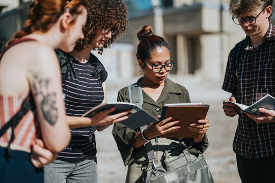 Four diverse students discuss their projects in an outdoor courtyard, collaborating on ideas while using notebooks and a tablet, fostering teamwork and mutual learning under the bright sunny sky.