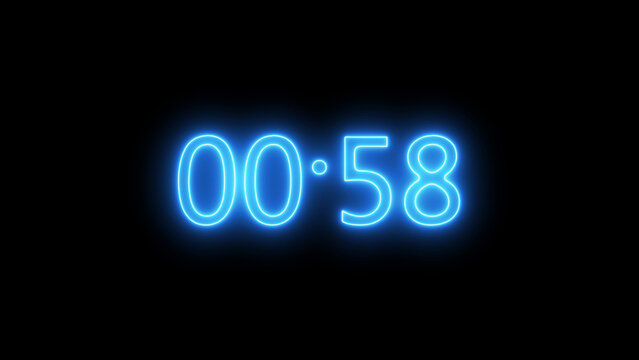 Blue neon digital timer showing 00:58 on black countdown