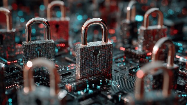 Secure digital frontier Padlocks guarding cyberspace atop a circuit board on transparent background
