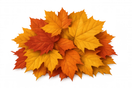 Cluster of colorful maple leaves in shades of orange and yellow, isolated on a transparent background, perfect for fall-themed designs