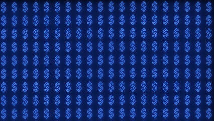 Blue neon dollar signs pattern on dark background money