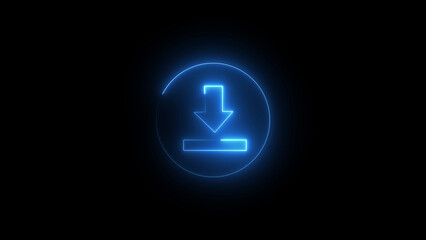 Blue Neon Download Icon on Black Background glowing