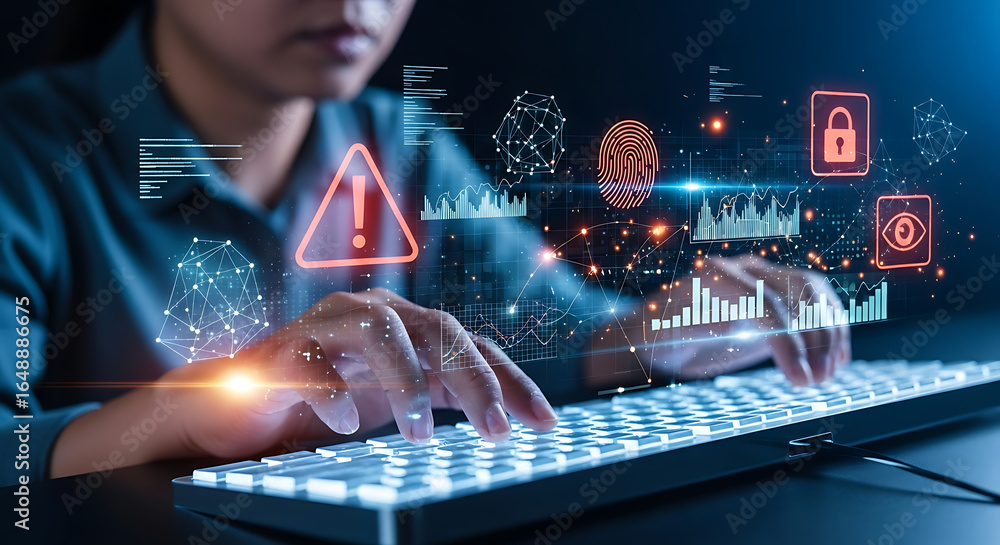 Fototapete person typing on a keyboard with digital security and data analysis graphics overlayed on the image