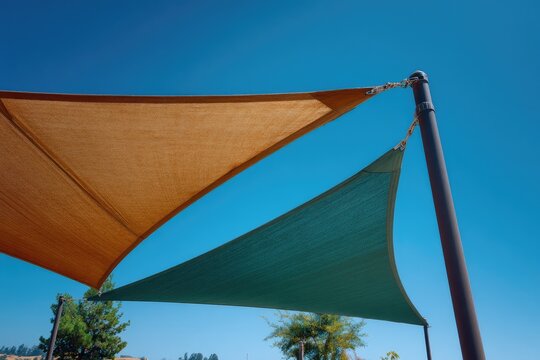 Two triangular shade sails, tan and teal, against a clear blue sky