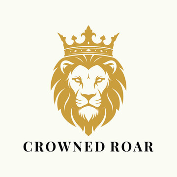 Golden Lion Head Logo with Crown, Royal Kingly Animal Symbol, on light beige background
