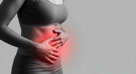 Woman experiencing severe abdominal pain holding stomach in distress red glow