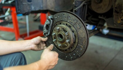 Mechanic inspecting a worn automotive clutch plate