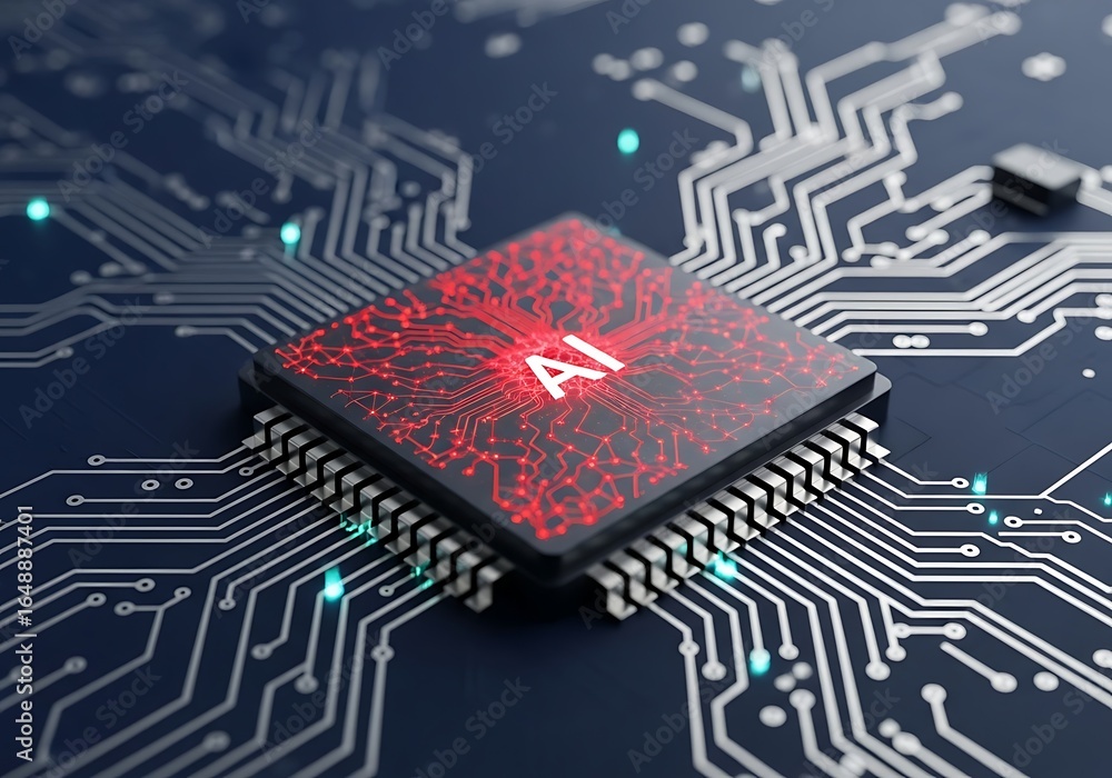 Poster cutting-edge ai chip glowing red on circuit board for advanced technology applications and innovatio
