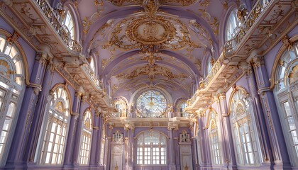 Obraz premium Retro train station with celestial motifs and gold leaf walls under pale lavender sky