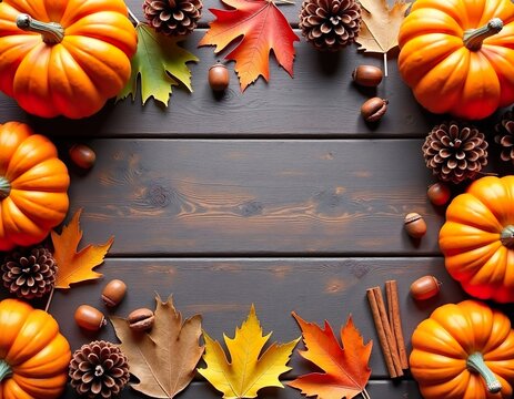Top-Down Flat Lay of Pumpkins, Colorful Fall Leaves, Pine Cones and Cinnamon on Rustic Wooden Background with Empty Space for Text, Cozy Autumn Composition for Seasonal Use, 2025