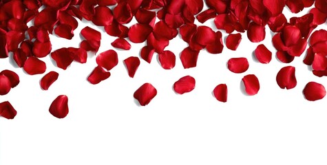 Red rose petals cascading over a white background