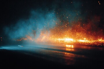 Fiery, smoky scene. Dark, vibrant colors