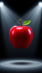 A high resolution wallpaper image featuring a red apple prominently positioned on a black background under floodlights
