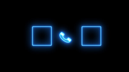 Blue neon phone icon between two squares on black background