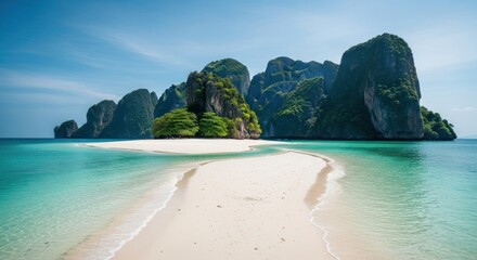 Pristine white sand beach stretches out to a lush tropical island, surrounded by turquoise water and dramatic limestone cliffs