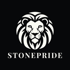 White Lion Head Logo with Stylized Mane, Bold Animal Symbol, on dark black background