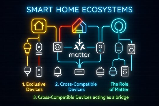 Smart Home Interoperability Infographic with Connected Devices for Tech Presentations