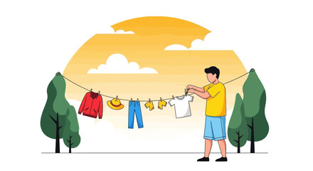 A Man Hanging Clothes Outside On Sunny Day In Flat Vector Style