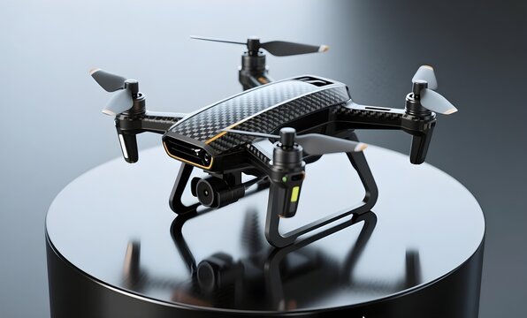 Hyperrealistic product render of a quadcopter drone on a glossy black pedestal, soft top-down lighting, reflections on carbon fiber body, ultra-high resolution detail.