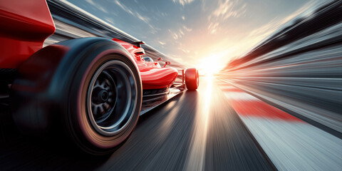 Obraz premium Rear wheel of a red Formula One racing car at competitive sports race F1