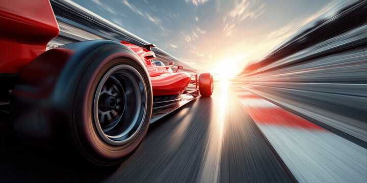 Rear wheel of a red Formula One racing car at competitive sports race F1