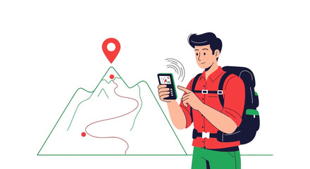 Adventurer Consults Gps on Smart Phone During Hike on Mountainous Trail