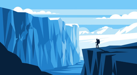 Obraz premium Adventurer Contemplates Ice Cliffs During Trek in Freezing Arctic Landscape