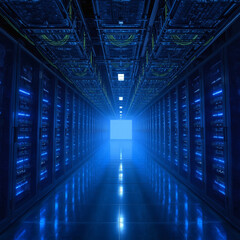 Fototapeta premium Symmetrical view of futuristic data center with blue server lights