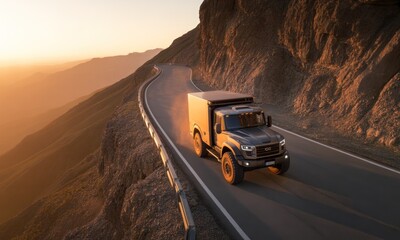 Rugged all-terrain vehicle on winding mountain road at sunset