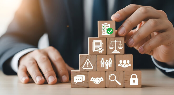 Businessman building a pyramid of wooden blocks with business icons
